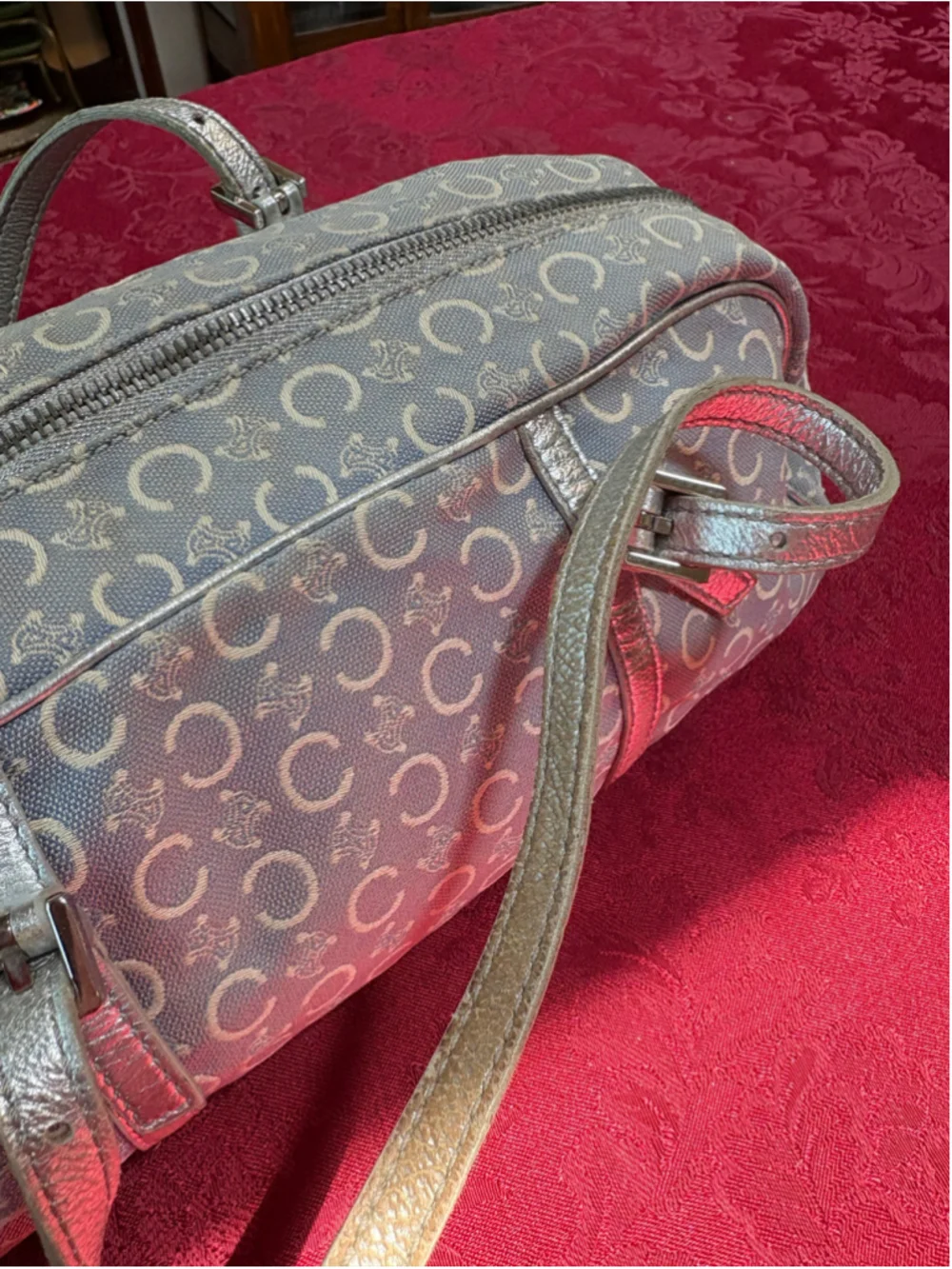 Celine Grey Canvas & Silver Leather Satchel Bag